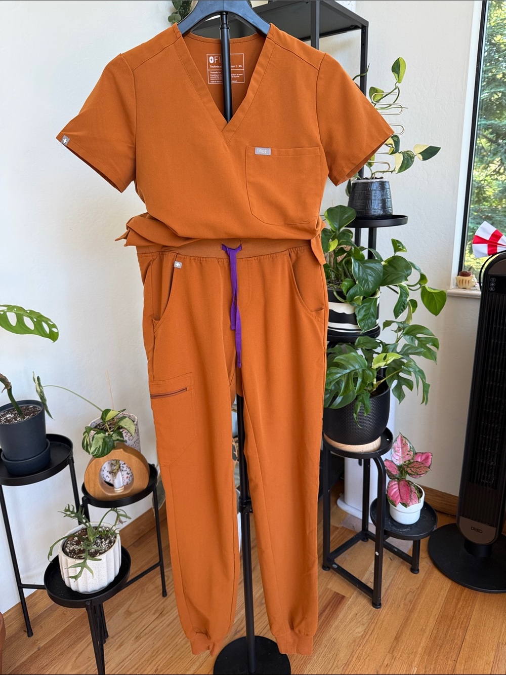 Figs Terracotta Scrub Joggers with Purple Drawstring